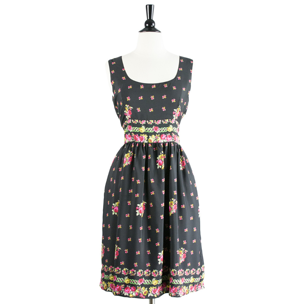 Frock Shop | Silky Black Bright Floral Print Sleeveless Fit & Flare Dress